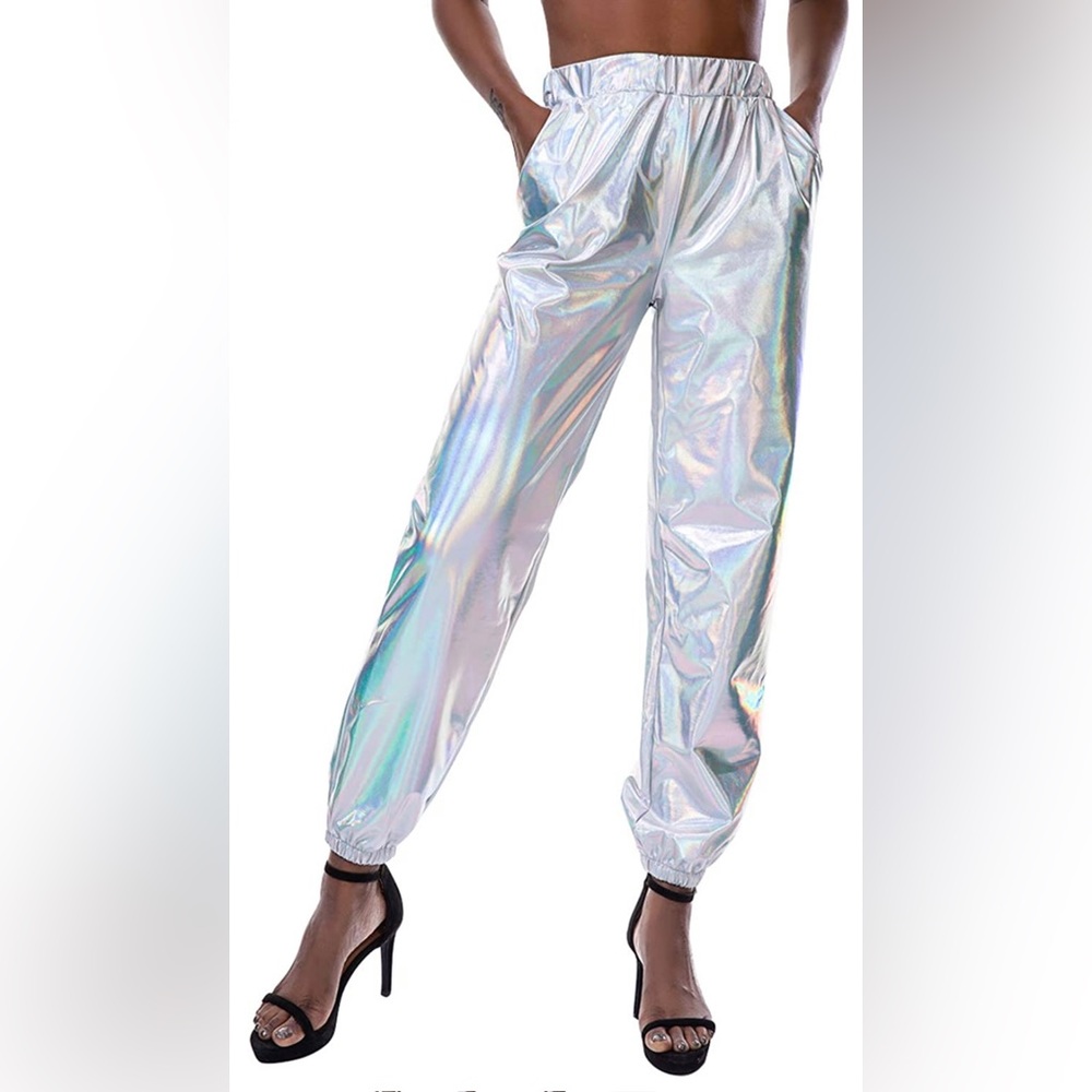 Shiny Metallic Holographic High Waist Stretchy Jogger Pants